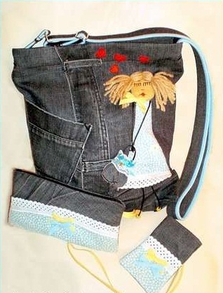 cüzdan takımlı kız figürlü kot çanta modeli