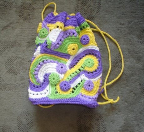 mor renkli desenli örgü çocuk sırt çantası modeli